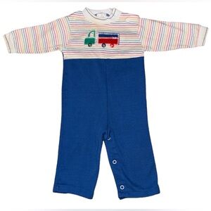 Vintage Health-Tex Truck One Piece Outfit 12 Months Blue Romper Rainbow Striped